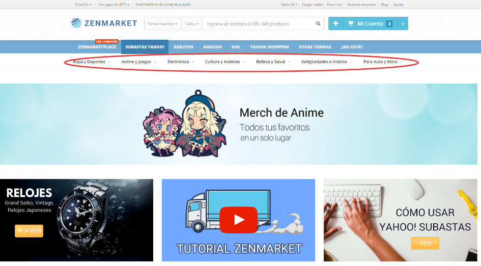Página principal de Subastas Yahoo en ZenMarket