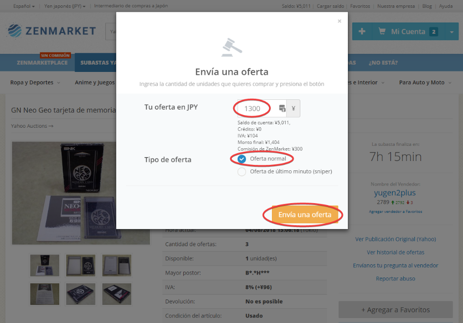 Poniendo una oferta en Yahoo Subastas Japón con ZenMarket