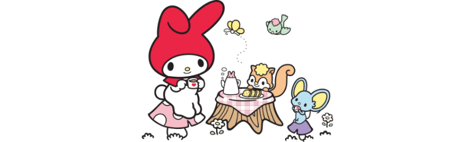 My Melody sat on a mushroom in a red hood with her friends