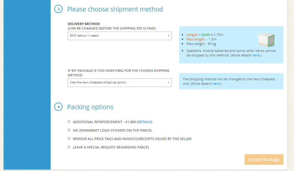 choosing your shipping method on zenmarket.jp