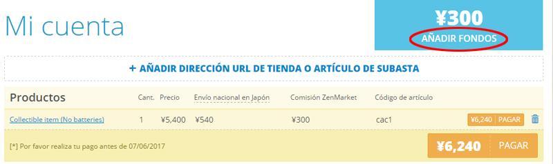 Añadir fondos en ZenMarket
